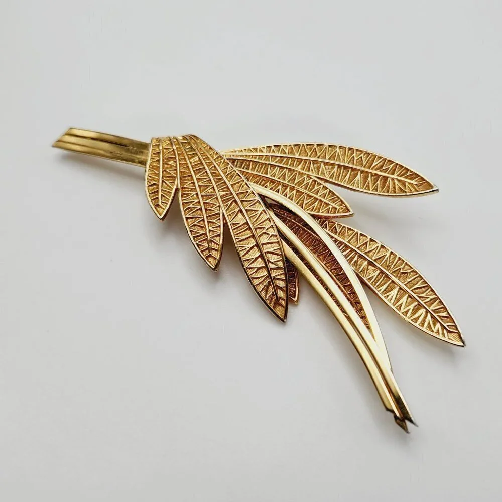 Vintage Corocraft Leaves Branch Floral Lattice Modernist Gold Plated Brooch
